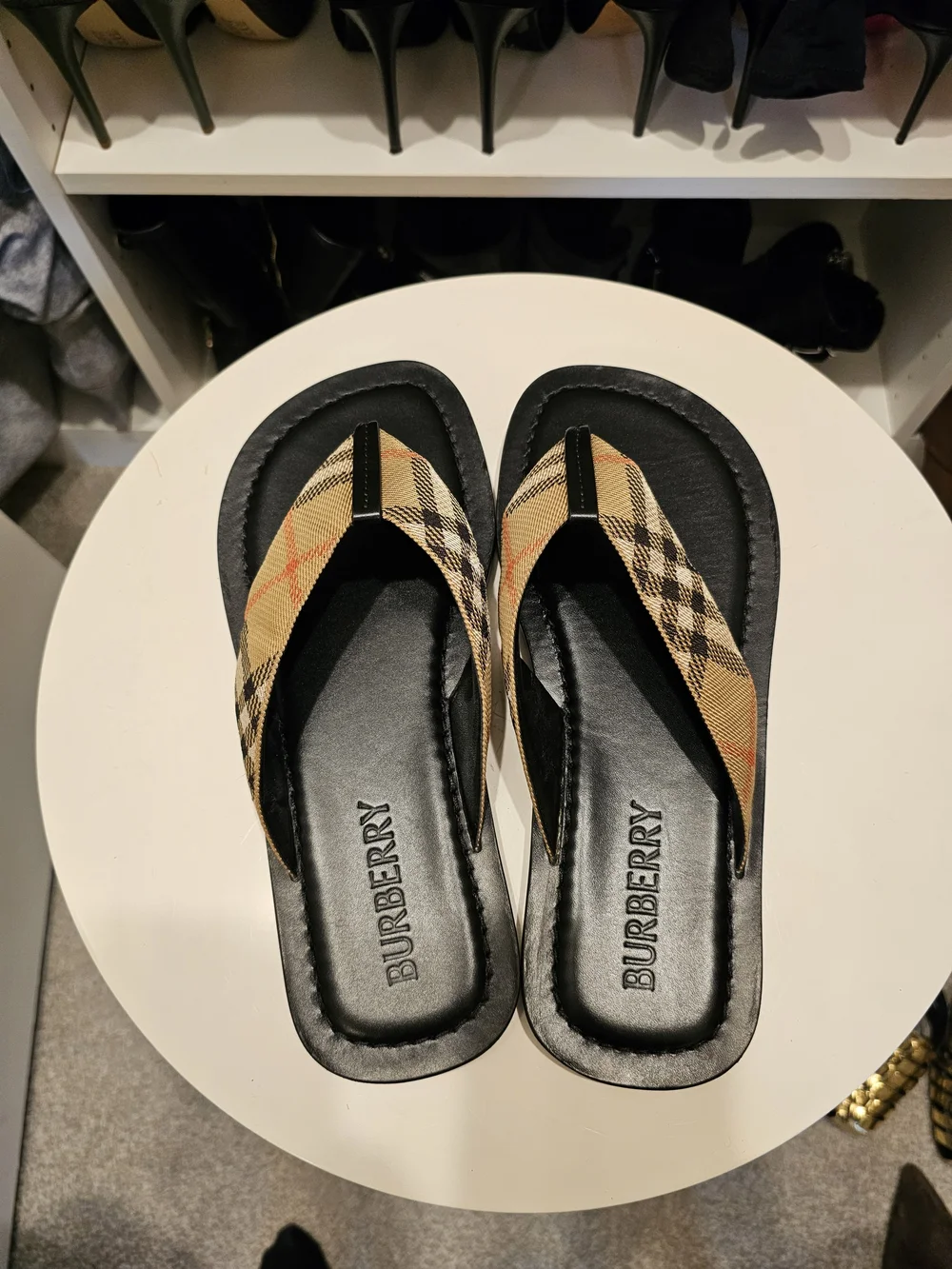 Burberry Black & Tan Plaid Thong Sandals